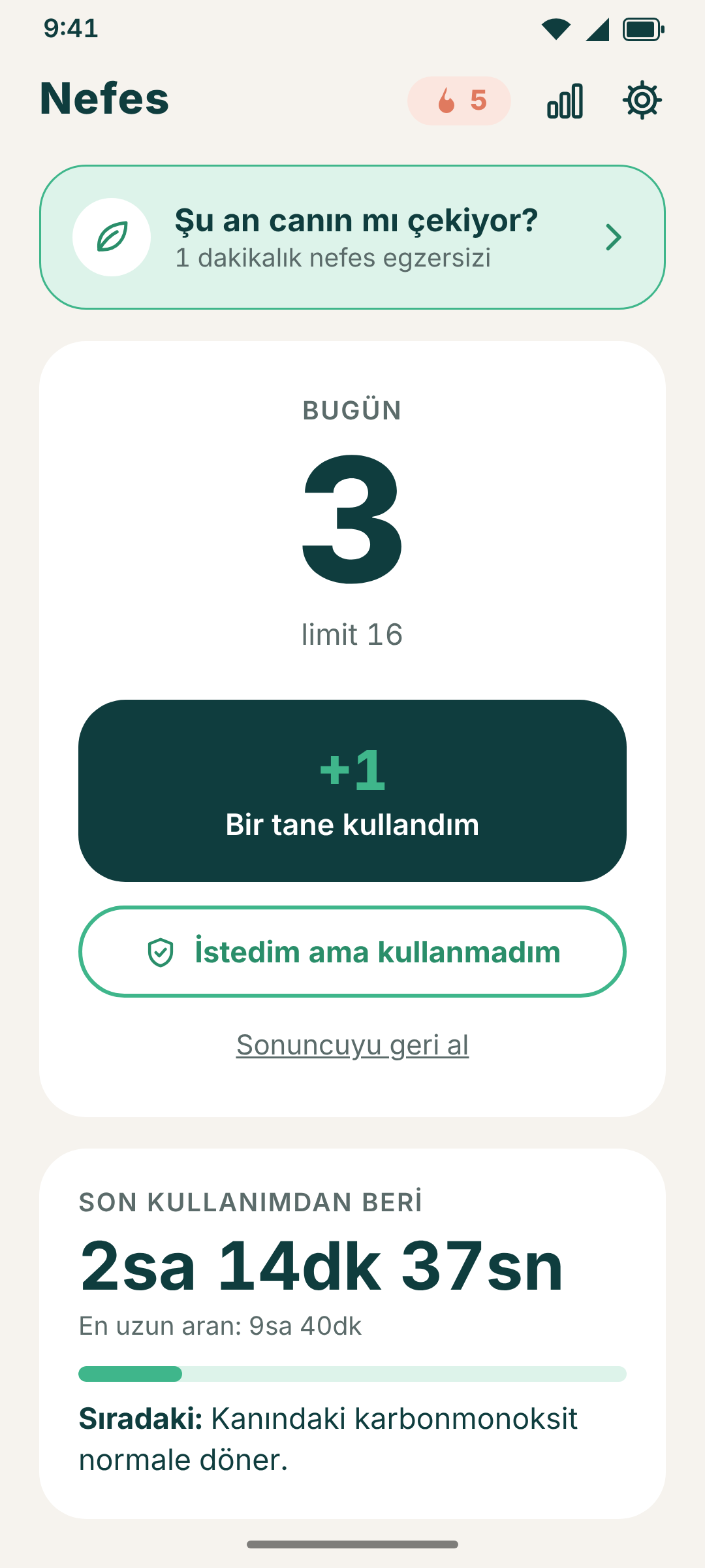 Nefes uygulaması ana ekranı